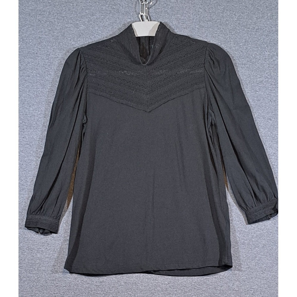 Lauren Ralph Lauren Black Mock Neck Lace Crochet Puff Sleeve Blouse Small